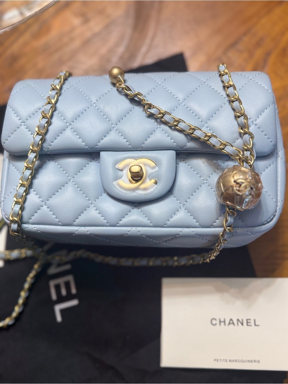 CHANEL Light Blue Quilted Mini Flap Bag with Gold Hardware